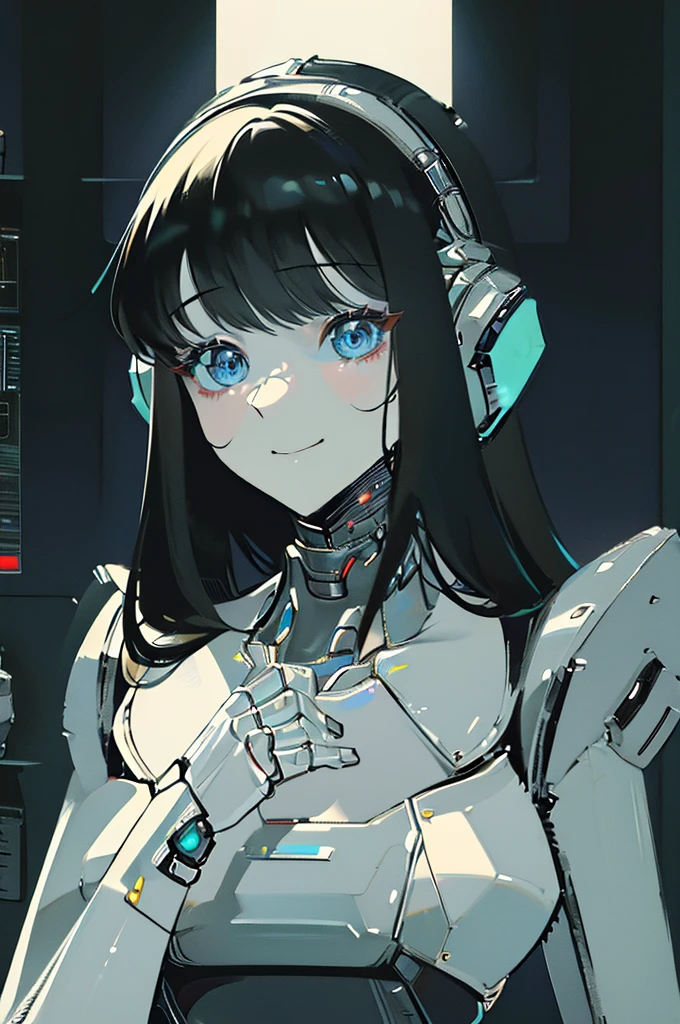 (masterpiece),(Highest quality),(Super detailed),(Best illustrations),(Best Shadow),(Absurd),(Detailed Background),(so beautiful), 16K, 8K, 4K,(Best Shadow),robotization,woman ,big bust,Robot Joint ,Metal skin,Black robot Suit,long hair,a black robot suit that covers the whole body,robot hand,cyber bodysuit,mecha head,(Detailed hands and fingers:1.2),Ball joint robot body,doll joint,beautiful face,beautiful robot girl,robotic eye,robotic hands,(no more human skin),android girl,cyborg girl,F cup, sexy body,(machine made joints:1.2),(machanical limbs:1.1),(blood vessels connected to tubes),(mechanical vertebra attaching to back),(mechanical cervial attaching to neck),no messy picture style,no emotion,tech control,black robot suit,maintenance,smile,robot maid