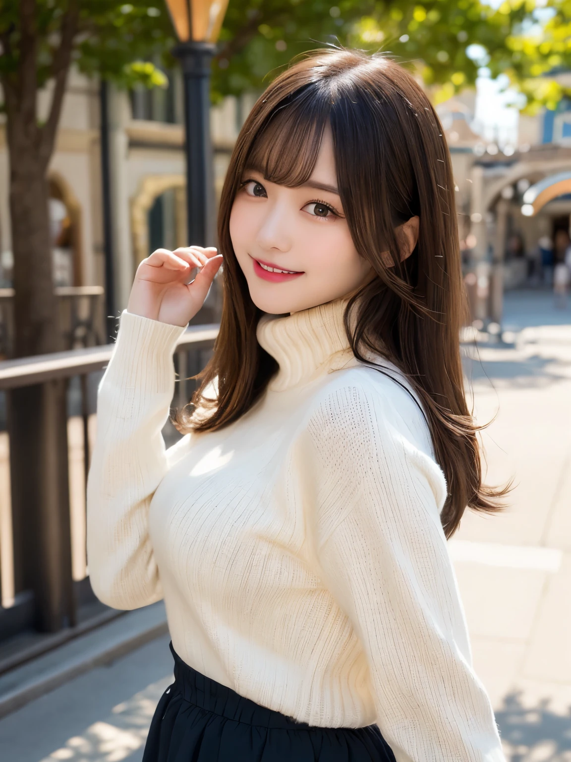 masutepiece, Best Quality, Illustration, Ultra-detailed, finely detail, hight resolution, 8K Wallpaper, Perfect dynamic composition, Beautiful detailed eyes, Trendy Women's Fashion Winter Clothes,Bun hair,Small breasts natural color lip, sexypose,Smile,Harajuku、20 years girl、Cute、is looking at the camera