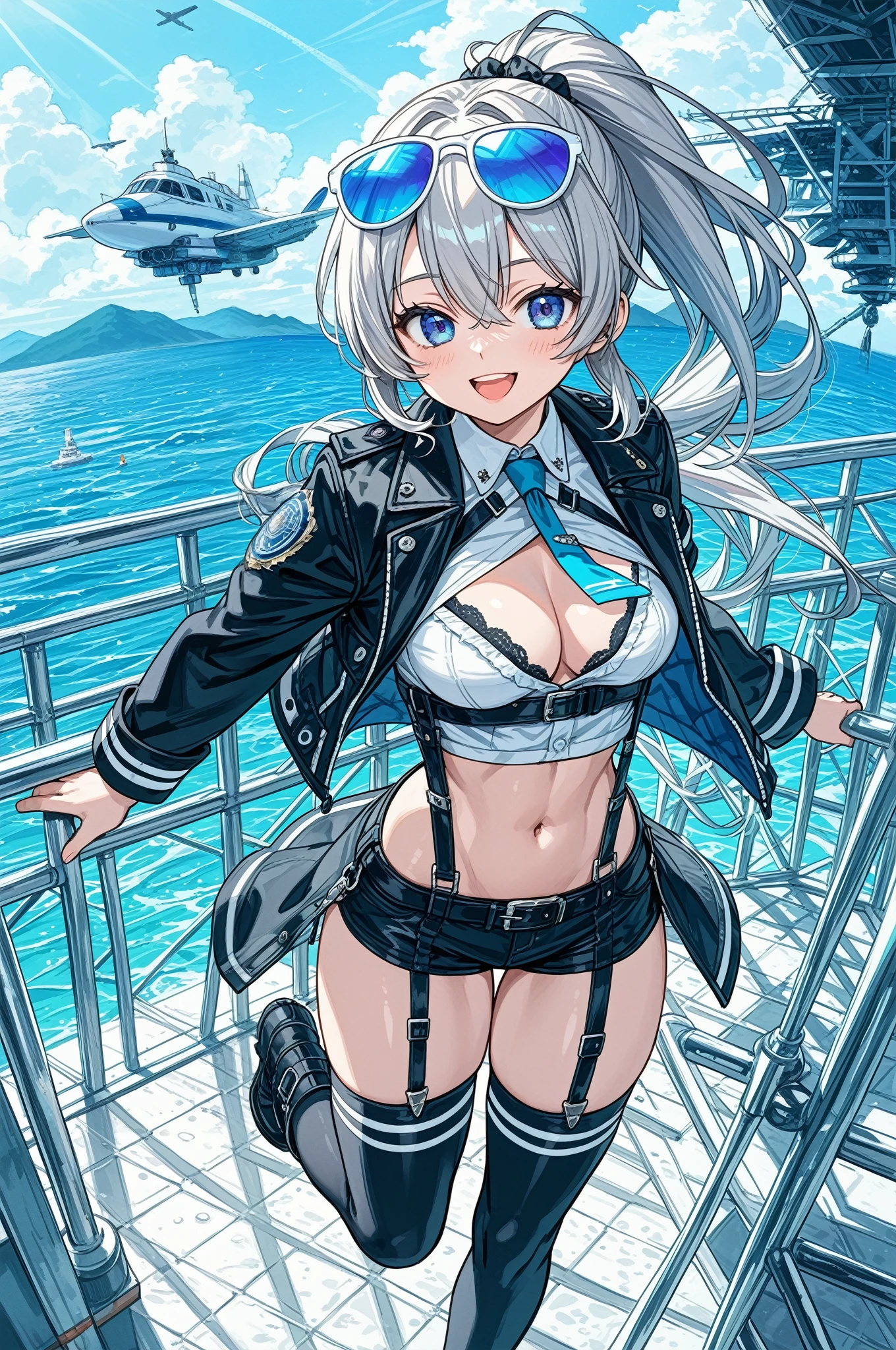 masterpiece, best quality, ultra detailed, ((striped panties)), (cowboy shot, crotch is close-up:1.2, ground-level, from below, mini skirt, KanColle Shimakaze, from front),