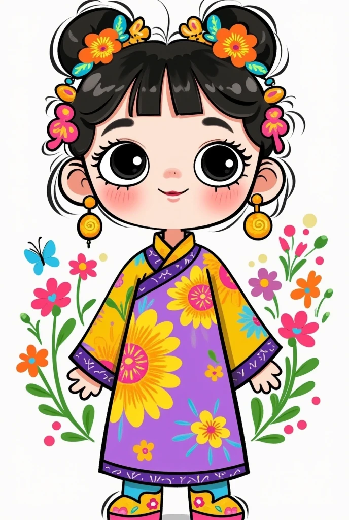 Cute girl portrait， flat style,Hanfu,Classical and exquisite , chibi, posture and expression,emoticons, Line Art , sticker art , white background 
