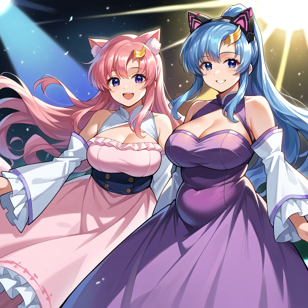 score_9, score_8_up, score_7_up, source_anime, 2girls, 
first woman adult lacusclyne, lacus clyne, purple eyes, hair ornament, long hair, wave hair ornament, pink hair, smile, dress, long dress, long sleeves, white sleeves, frills frilled skirt, frilled sleeves, detached sleeves, bare shoulders, second woman blue eyes, (blue hair), long hair, ponytail, (mechanical cat ears), smile, large breasts, fat, chubby, voluptuous, plump belly,  modest purple dress, ruffled details, sleeveless, arm gloves. looking at viewer, on a stage under the spotlights, light particles all around, the pair singing a duet together into the microphone. happy, having fun, confident, proud