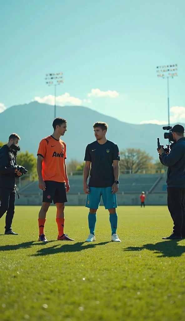 Youtuber Mrbeast with Cristiano Ronaldo on a big field . There is multiple cameramen ready for a videoshot