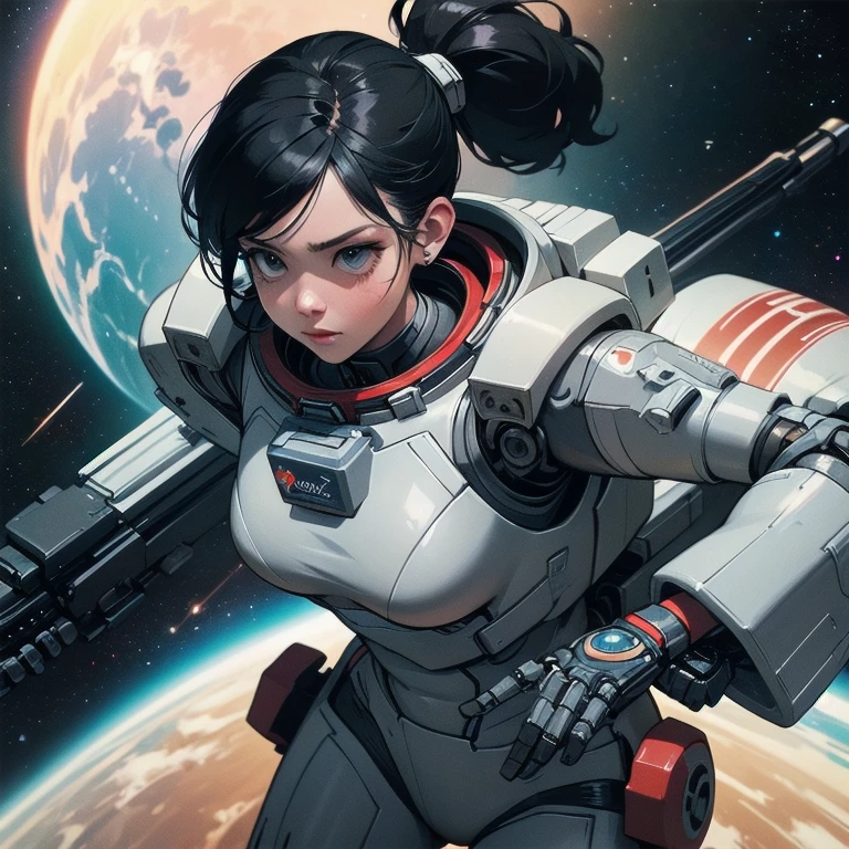 Side view,,gritty hair fit body massive breasts (protuding erect nipples) slim thighs slim waist pilot suit alone looking at the viewer in space long hair blushing determination, 8k, Detalle extremo,More detailed 8K.motor irreal:1.4,UHD,La mejor calidad:1.4, fotorrealista:1.4, textura de la piel:1.4, obra maestra:1.8,obra-prima, mejor calidad,objeto Objeto], (detailed face features:1.3),(Traje de piloto:1.4)