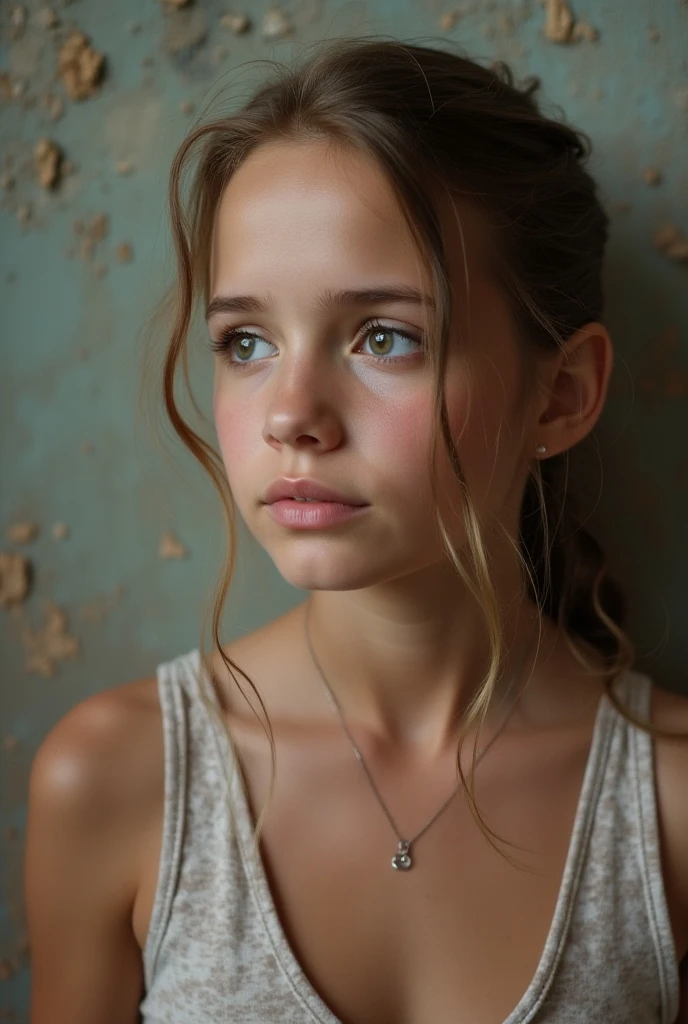 Symmetrical, High Detail RAW Color Photo Professional Photo, [:( High Detail Face: 1.2): 0.1], chloe grace mortez 18 year old female model, on knees looking up at camera, pores, real skin, large breast focus,  shining eyes, looking at the audience, wet clothes, transparent clothes, wet body, wet hair, lens flare, shadow, bloom, natural lighting, hard focus, film grain, photographed with a Sony a9 II Mirrorless Camera, realistic, post-processing, maximum detail, beautiful thin blonde teen, large breasts