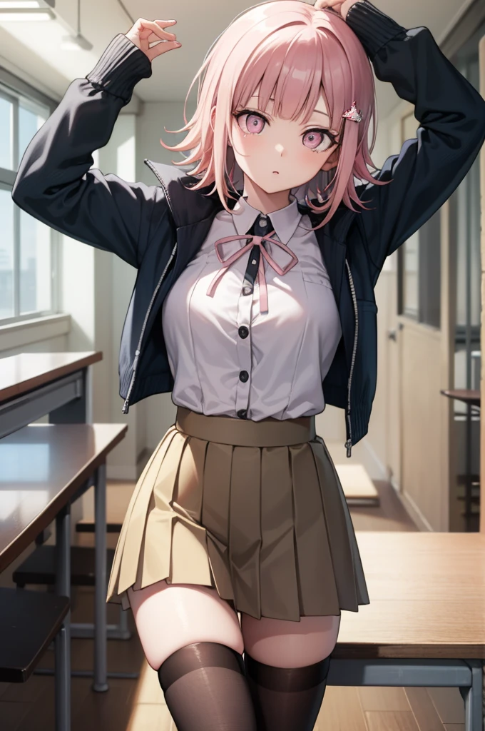 chiakinanami, chiaki nanami, blunt bangs, pink hair, hair ornament, medium hair, (pink eyes:1.5),
BREAK black shirt, black jacket, jacket, long sleeves, neck ribbon, open clothes, open jacket, over-kneehighs, pink ribbon, pleated skirt, ribbon, shirt, skirt, thighhighs, two-tone shirt, white shirt,
BREAK looking at viewer,
BREAK indoors, classroom,
BREAK (masterpiece:1.2), best quality, high resolution, unity 8k wallpaper, (illustration:0.8), (beautiful detailed eyes:1.6), extremely detailed face, perfect lighting, extremely detailed CG, (perfect hands, perfect anatomy),