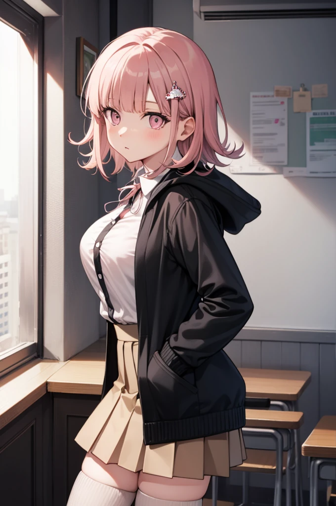 chiakinanami, chiaki nanami, blunt bangs, pink hair, hair ornament, medium hair, (pink eyes:1.5),
BREAK black shirt, black jacket, jacket, long sleeves, neck ribbon, open clothes, open jacket, over-kneehighs, pink ribbon, pleated skirt, ribbon, shirt, skirt, thighhighs, two-tone shirt, white shirt,
BREAK looking at viewer,
BREAK indoors, classroom,
BREAK (masterpiece:1.2), best quality, high resolution, unity 8k wallpaper, (illustration:0.8), (beautiful detailed eyes:1.6), extremely detailed face, perfect lighting, extremely detailed CG, (perfect hands, perfect anatomy),