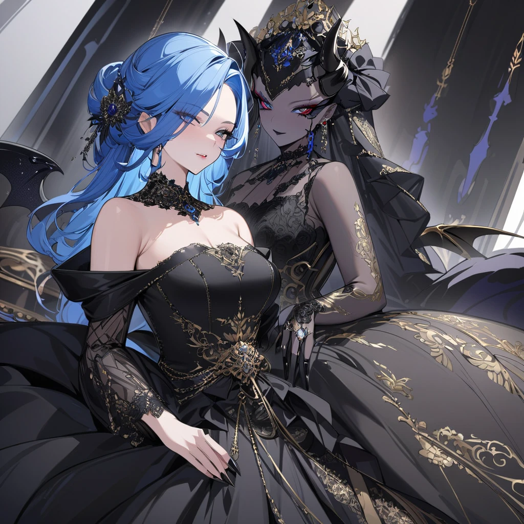 ((Highest quality)), ((masterpiece)), (detailed), （Perfect Face）、The woman is a beautiful, jet-black female demon, the queen of evil, Devil Extia, with medium-long blue hair, wearing a luxurious black wedding dress with gold embroidery and trim, a black wedding veil, an engagement ring, luxurious accessories, lipstick and makeup, and an elegant, beautiful female demon, the Demon Queen.、A great demon with jet black skin, evil devil horns, devil wings and a devil tail.