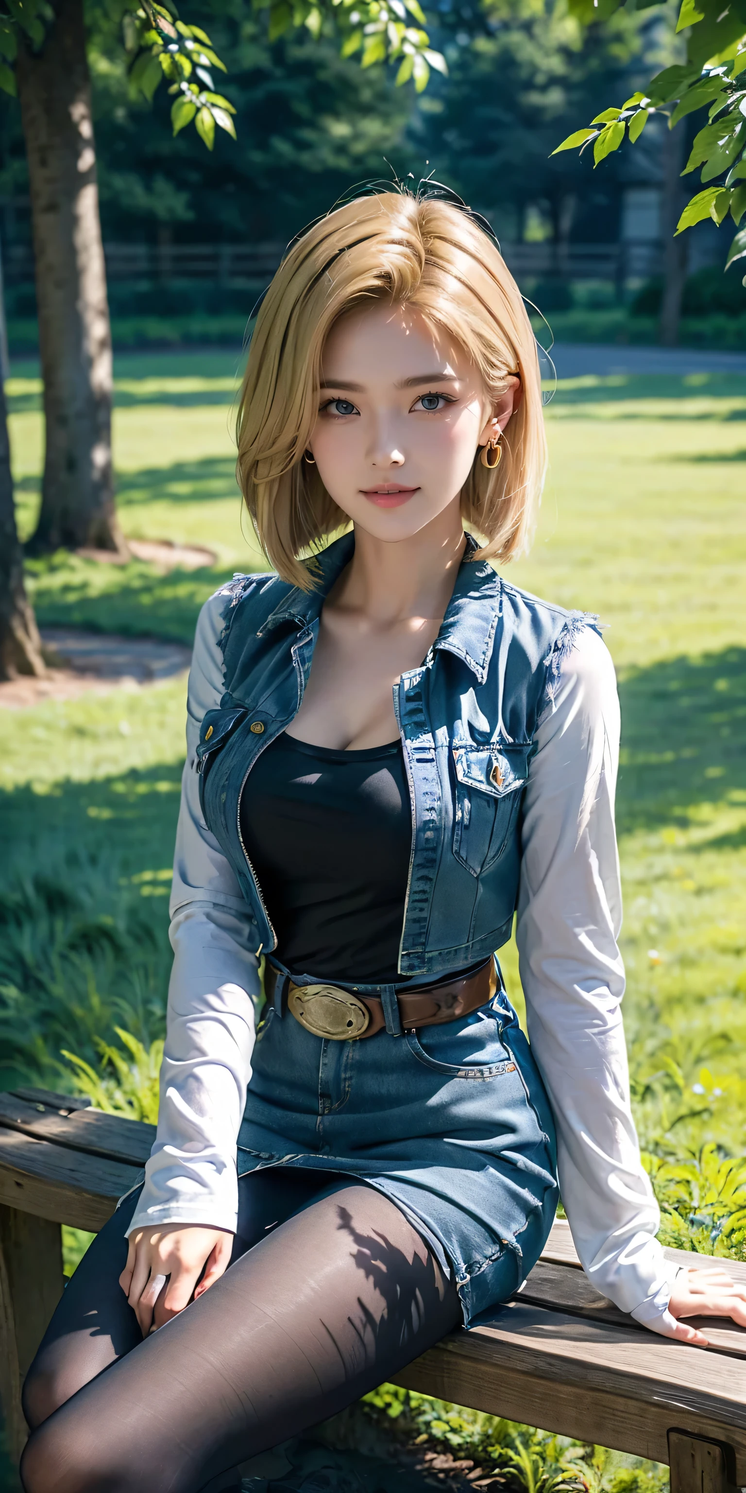 Android 18, Light Blonde hair, Medium Bob hair, Blue eyes, Wearing earrings, Long sleeves, Light blue denim mini skirt, The denim skirt's zipper seam line and stitching run vertically straight to the bottom of the skirt. , Open-chested denim vest, Black T-shirt with high cleavage, Large breasts, Women's Western Cowgirl Belt, Dark brown see-through pantyhose, Western short boots, Looking at viewer, Slight smiling with closed lips sitting, She Sit On a bench, she spreads her legs to both sides ,Blue sky, sit on a bench, outside, park, grass, Summer, trees, blue sky, high quality, masterpiece,