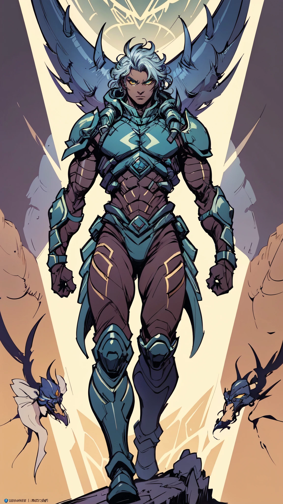 (masterpiece:1.5, best quality:1.5, extremely delicate:1.5), ((male:1.5)), a man wearing a full-face helmet, green eyes, fantasy-style high-tech biomimetic armored combat suit, (a composite layered chest armor), the design balances heavy with agility, fully enclosed shoulder guards, matching arm and leg guards, a belt of gemstone, equipped with a high-tech electromagnetic gun backpack, (the color scheme is primarily Indigo with Silver accents, Organic Biotech, Concept Inspired by Iron Behemoth, glowing eyes, armor glows, stand of a futuristic sci-fi city), this character embodies a finely crafted fantasy-style armored hero in anime style, exquisite and mature art style, metallic, high definition, highres, ultra-detailed, ultra-fine painting, professional, perfect body proportions, golden ratio, anatomically correct, symmetrical face, extremely detailed eyes and face, high quality eyes, creativity, RAW photo, UHD, 32k, Natural light, cinematic lighting, masterpiece-anatomy-perfect