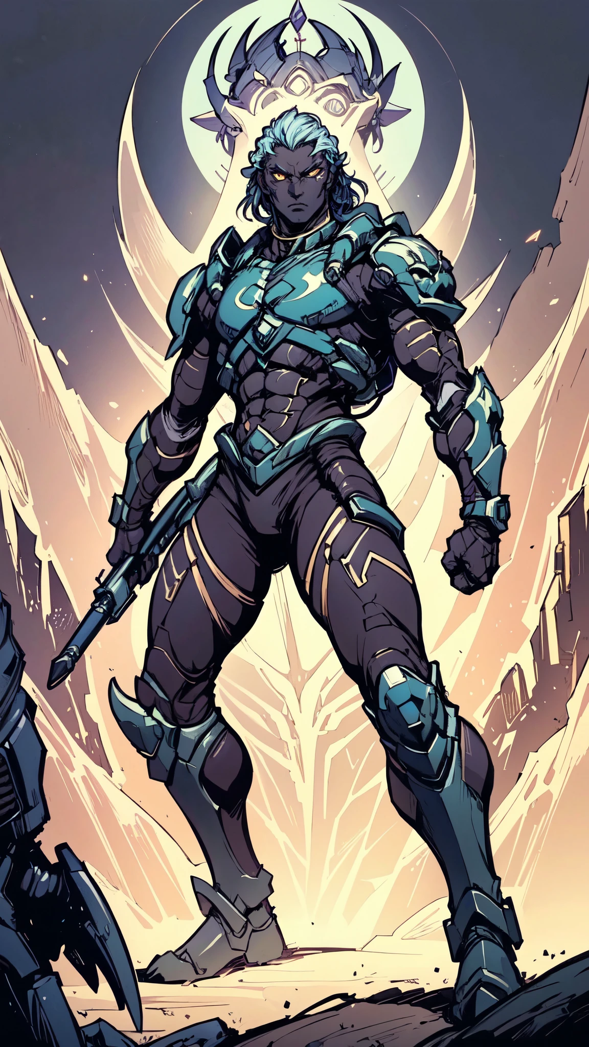 (masterpiece:1.5, best quality:1.5, extremely delicate:1.5), ((male:1.5)), a man wearing a full-face helmet, green eyes, fantasy-style high-tech biomimetic armored combat suit, (a composite layered chest armor), the design balances heavy with agility, fully enclosed shoulder guards, matching arm and leg guards, a belt of gemstone, equipped with a high-tech electromagnetic gun backpack, (the color scheme is primarily Indigo with Silver accents, Organic Biotech, Concept Inspired by Iron Behemoth, glowing eyes, armor glows, stand of a futuristic sci-fi city), this character embodies a finely crafted fantasy-style armored hero in anime style, exquisite and mature art style, metallic, high definition, highres, ultra-detailed, ultra-fine painting, professional, perfect body proportions, golden ratio, anatomically correct, symmetrical face, extremely detailed eyes and face, high quality eyes, creativity, RAW photo, UHD, 32k, Natural light, cinematic lighting, masterpiece-anatomy-perfect