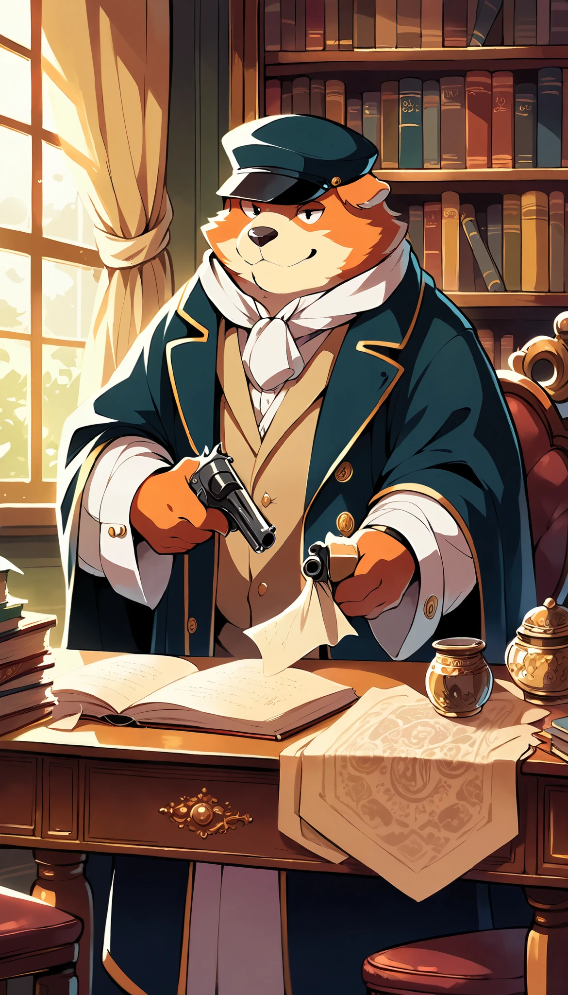 score_9, score_8_up, score_7_up, score_6_up, score_5_up, score_4_up, source_furry, highres, cover page, absurdres, perfect (2boys, buddy, kemono, furry, anthro)Details of antiques and books in Holmes’ apartment study, Tense moment of Dr. Watson feeling for the gun on the table, light and shadows, hard-boiled detective story, Inverness coat, deerstalker hat, sfc pkg,