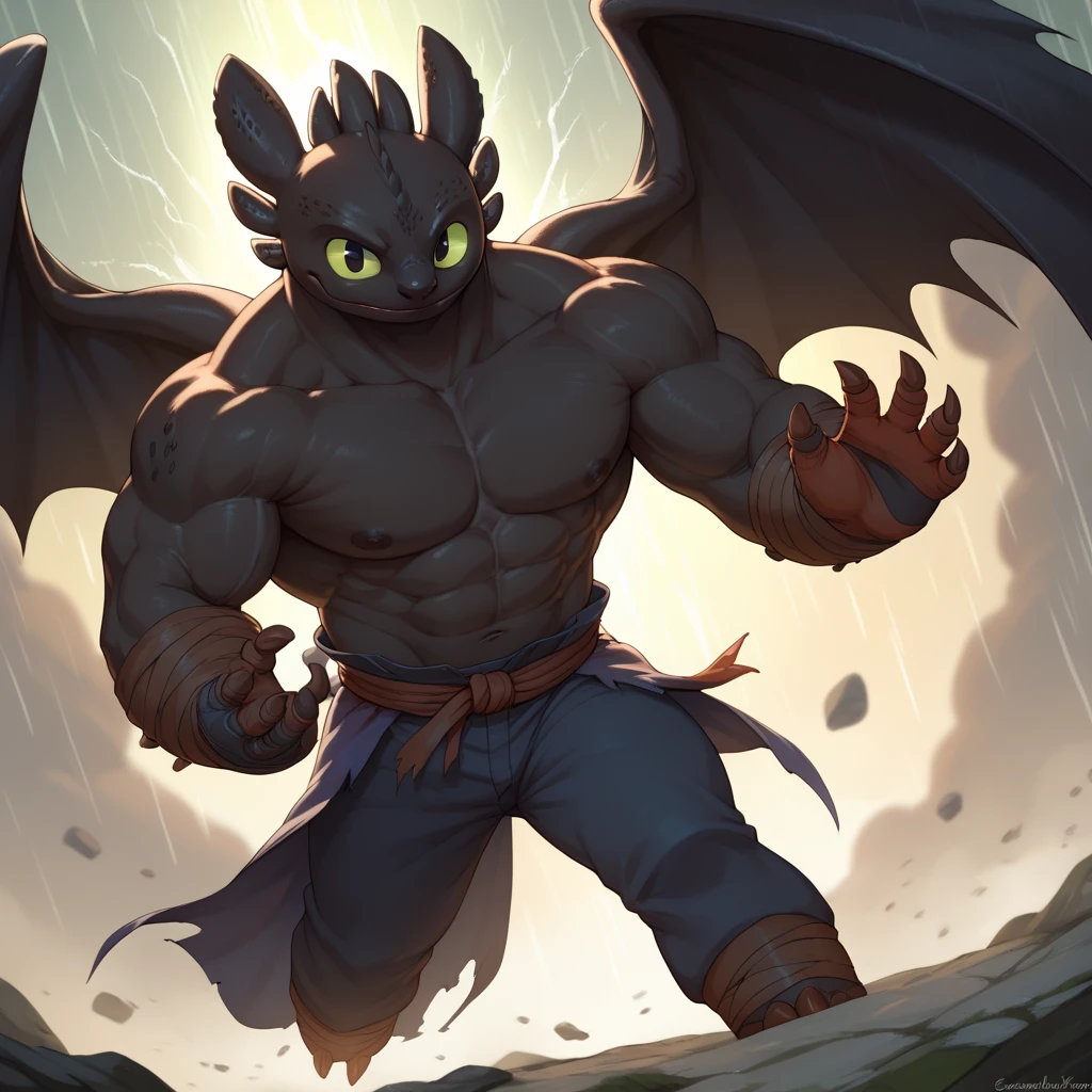 muscular SFW, anthro toothless, with different coloured eyes, storm chaser pose, only SFW, masterpiece