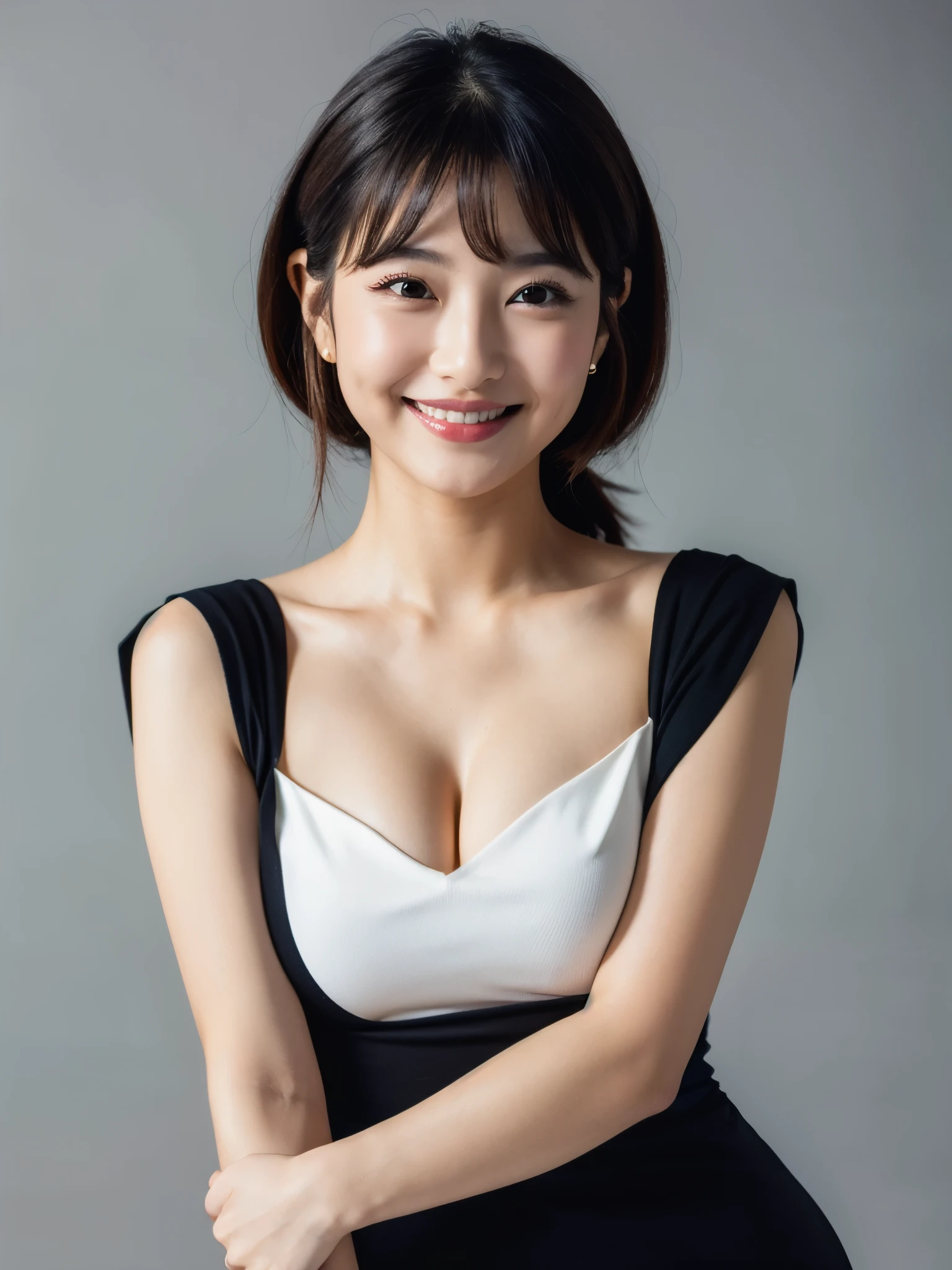 Very cute Japanese girl, smile, cleavage,White T-shirt, Her body is visible through her T-shirt, ((sexy black dress ))、Gray background、Studio shot、Black choker、cowboy shot、portrait、looking at viewer、motion lines, cleavage,