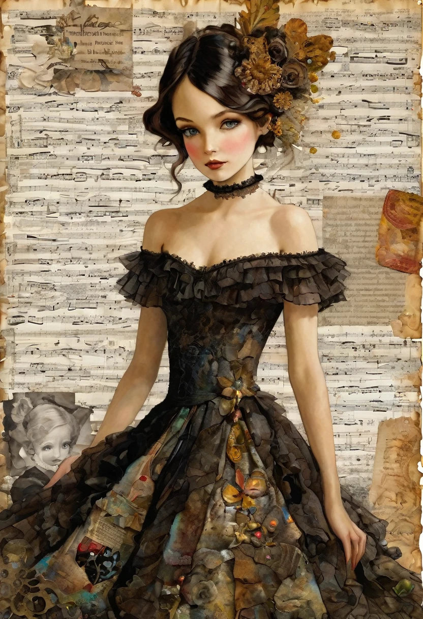 Super detailed alcohol ink painting of gorgeous girl, Made on top of a mixed-media masterpiece patchwork of stress-free vintage script paper, Ephemera, Torn cardboard, Vintage newspaper, Vintage sheet music, Wax Seal, Dress made of paper ruffles and life-size dainty lace, in the style of [Junk Journal, double exposure, Equal to the size of the body, Greg Simkins, Mark Davis, Oliver Jeffers, Andy Kehoe], Cinematic, Stunning, Highly detailed, 8K, dehazed
