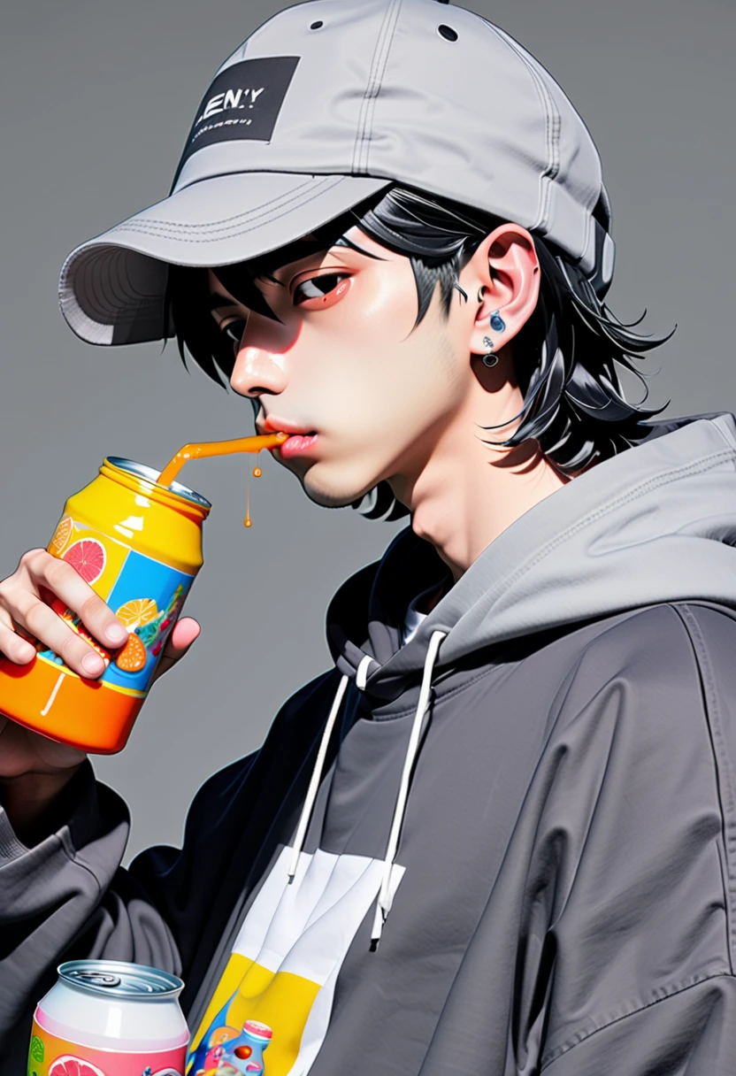  High Quality 、 pop art、 boys、Bucket hat、Black Hair、 sideways、 is looking sideways、profile、 don't look here、 gray hoodie、 upper body、Canned juice、Right hand