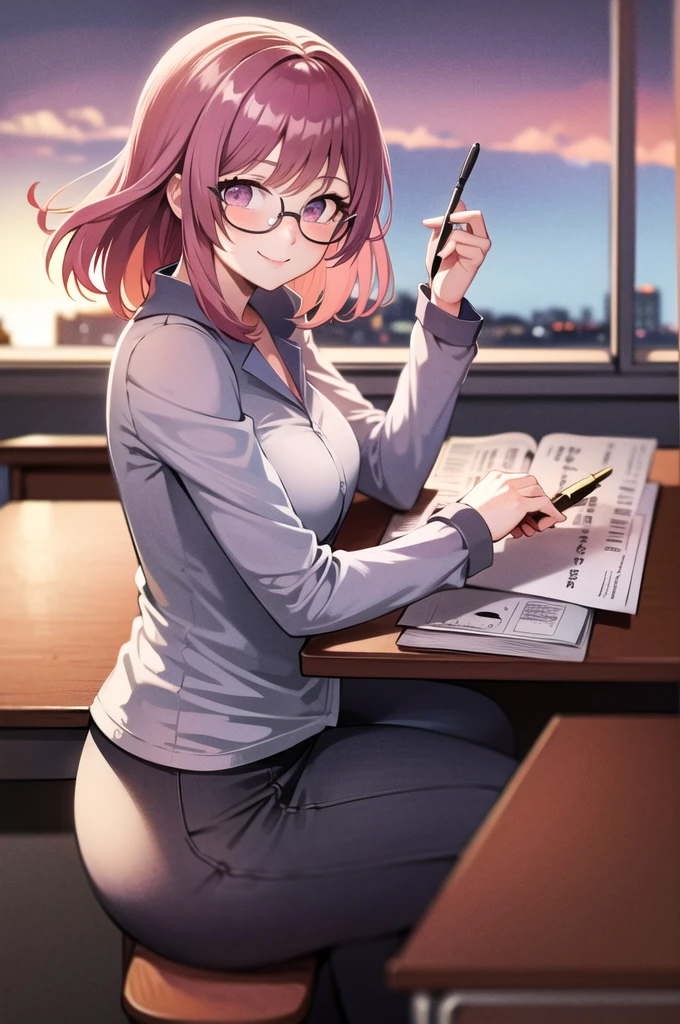 masterpiece, best quality, absurdres, 1girl, looking at viewer, sitting, classroom, sunset, desk, pov, large dr ess, glasses, medium hair, smile, pen, pencil, open book, paper, pink hair 