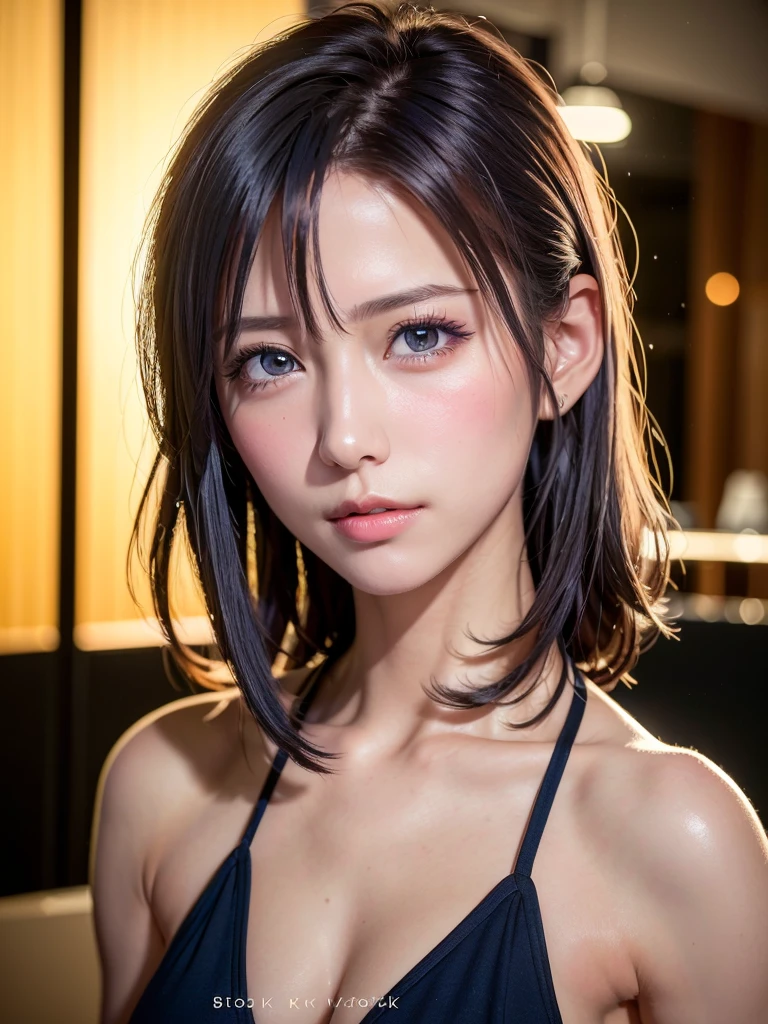 (masutepiece:1.3), (8K, Photorealistic, Raw photo, Best Quality: 1.4), (1girl in), Beautiful face, (Realistic face), (Black hair, Short hair:1.3), bikini of, Beautiful hairstyle, Realistic eyes, Beautiful detailed eyes, (Realistic skin), Beautiful skin, (Navy BL...