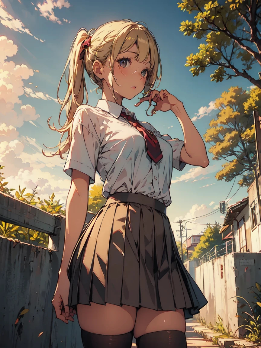 1girl, solo, full body, rural landscape, village, trees, sun, clouds, fantasy, black hair, ponytail, large breasts, button down shirt, ((red checked shirt)), ((short sleeved shirt)), ((unbuttoned shirt)), popping buttons, unbuttoning buttons, cleavage 1:3, blue eyes, dark skirt, smile, looking at the viewer, standing, hair ribbon, golden necklate, elegant white hat, brown boots