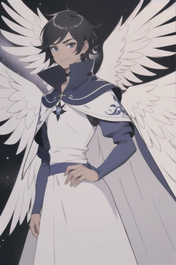 1boy, Angel King, reference sheet, reference, the king's clothes, royal cloak, black hair, buzz cut, smile, wings, angel, smile, ( :1.1), masterpiece, best quality, detailed background, intricate details, detailed,