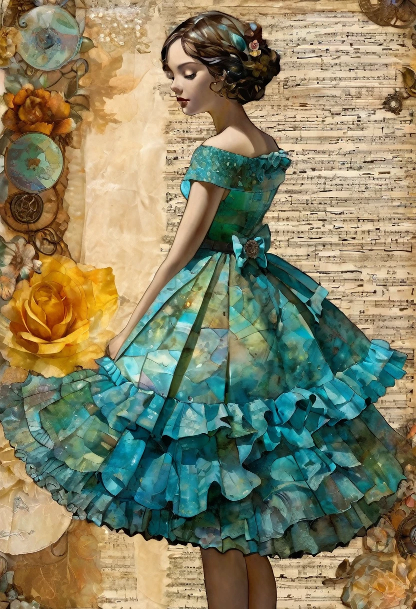 Super detailed alcohol ink painting of gorgeous girl, Made on top of a mixed-media masterpiece patchwork of stress-free vintage script paper, Ephemera, Torn cardboard, Vintage newspaper, Vintage sheet music, Wax Seal, Dress made of paper ruffles and life-size dainty lace, in the style of [Junk Journal, double exposure, Equal to the size of the body, Greg Simkins, Mark Davis, Oliver Jeffers, Andy Kehoe], Cinematic, Stunning, Highly detailed, 8K, dehazed
