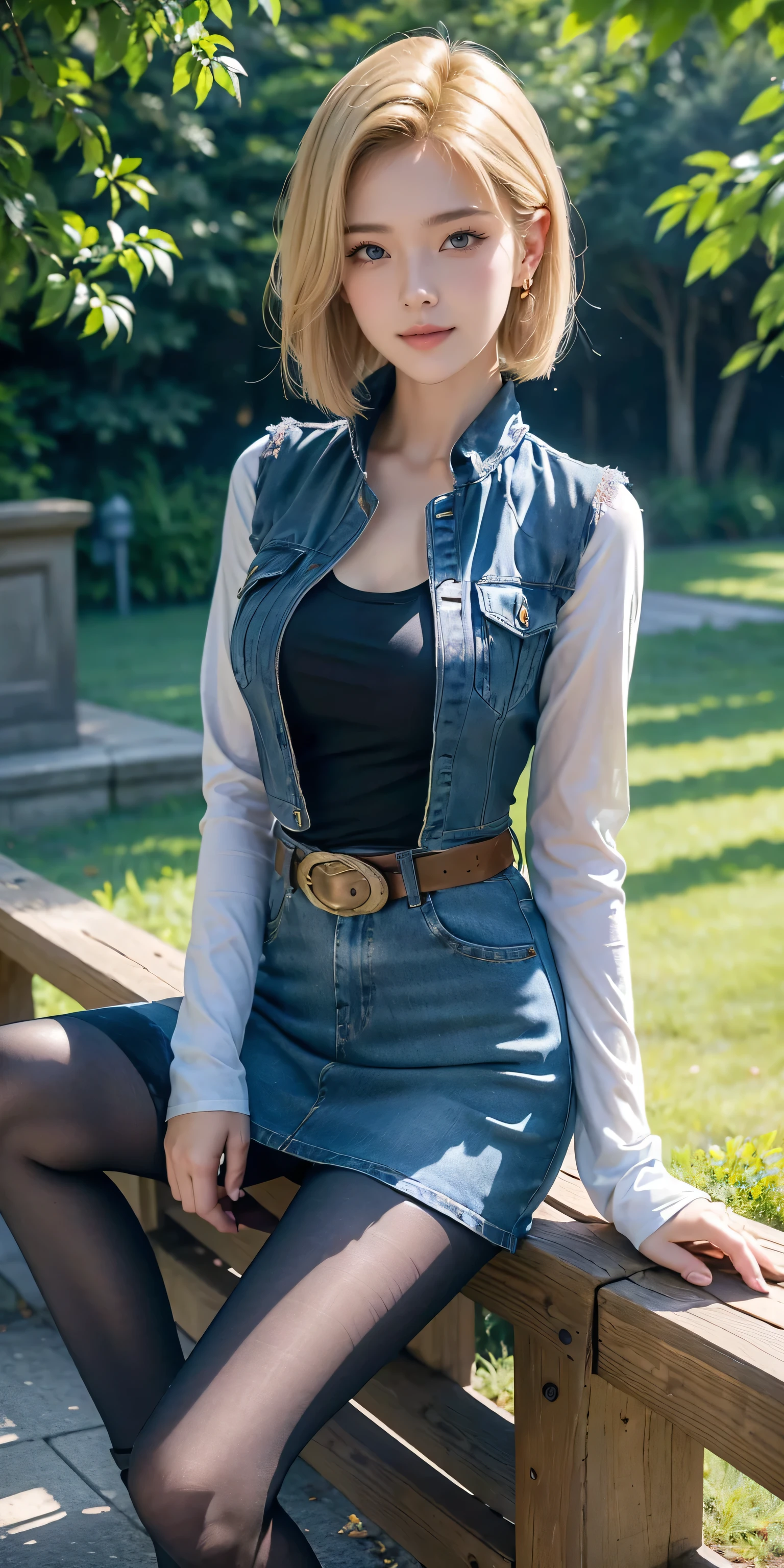 Android 18, Light Blonde hair, Medium Bob hair, Blue eyes, Wearing earrings, Long sleeves, Light blue denim mini skirt, The denim skirt's zipper seam line and stitching run vertically straight to the bottom of the skirt. , Open-chested denim vest, Black T-shirt with high cleavage, Large breasts, Women's Western Cowgirl Belt, Dark brown see-through pantyhose, Western short boots, Looking at viewer, Slight smiling with closed lips sitting, She Sit On a bench, she spreads her legs to both sides ,Blue sky, sit on a bench, outside, park, grass, Summer, trees, blue sky, high quality, masterpiece,