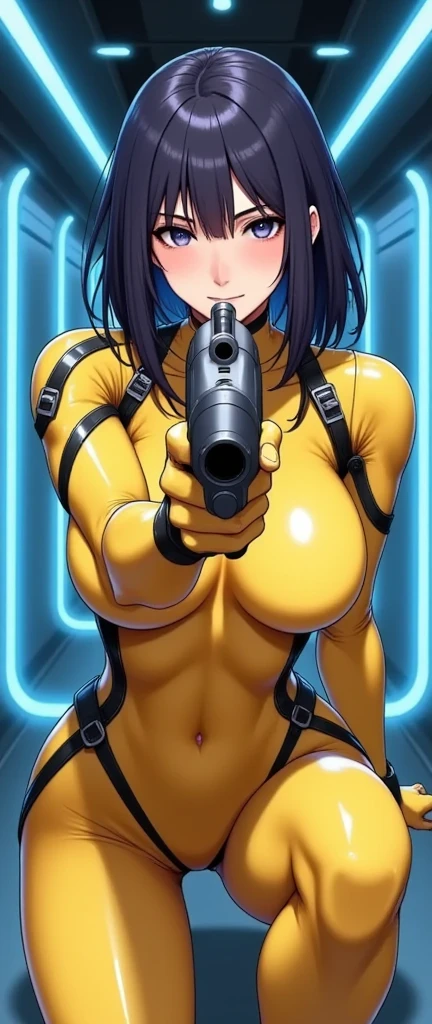 (masterpiece, best illustration,Super detailed),( android woman),(front:2.0),( beautiful face),( beautiful eyes),( is looking over here:2.0),(Serious:2.0),(Hold the gun and aim at the camera:2.0),(Point the gun at the camera:2.0),(squat:2.0),(Raise your right knee:2.0),(The background is a tunnel drawn by stretching blue hologram lines in blue cyber space:2.0),( detailed hands :2.0),(Beautiful female hands:2.0)