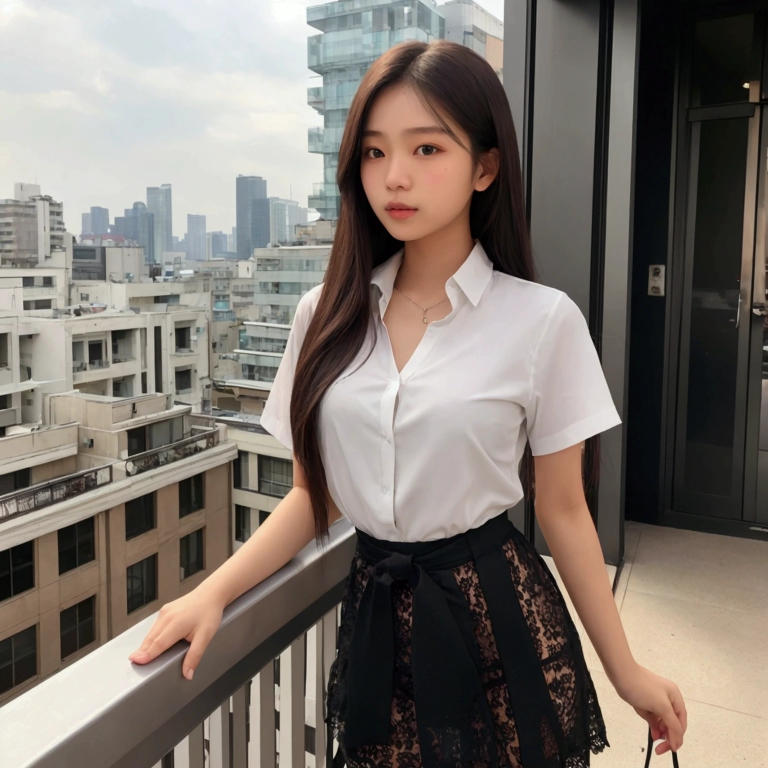 the Extremely Detailed CG Unity 8K Wallpapers、top-quality、ultra-detailliert、masterpiece、realisitic、Photo Real、extremely detailed cute girl、20yr old、(skirt rift)、((skirt lift by yourself))、Black panties、panties focus、red blush、cparted lips、looking at the viewers、Semi-body shot、Wearing a ruffled shirt、Dull front、On the train、