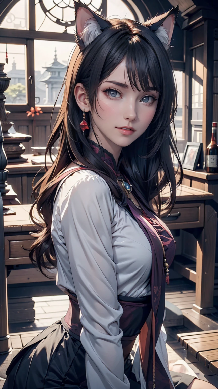 A light smile, Redness in the ears, tooth, Light brown hair, bangs, Curly Hair, Side braid, Hello, Surrealism, Cast a Shadow, Anaglyph, Stereogram, tachi-e, throw, Atmospheric perspective, 8k, Super Detail, Accurate, Highest quality