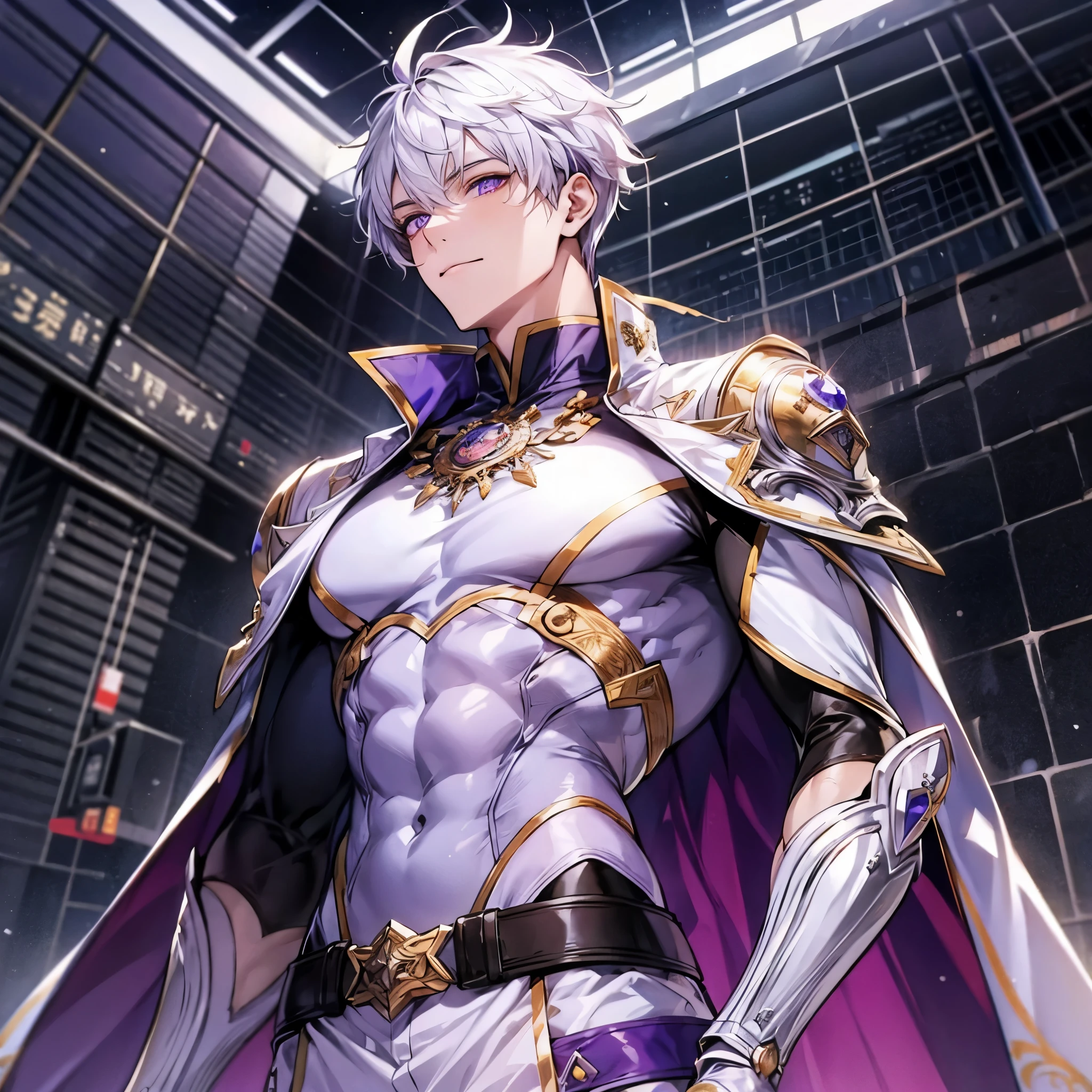High quality, HD, 4k, handsome male, 1male, , teenager, golden lining, short white hair, sharp eyes, dark purple eyes, deep purple eyes, devil may cry, close up, calm expression, stoic expression, black leather clothes, white leather clothing, lean and muscular body, full body, looking at viewer, cowboy shot, white solar, space background