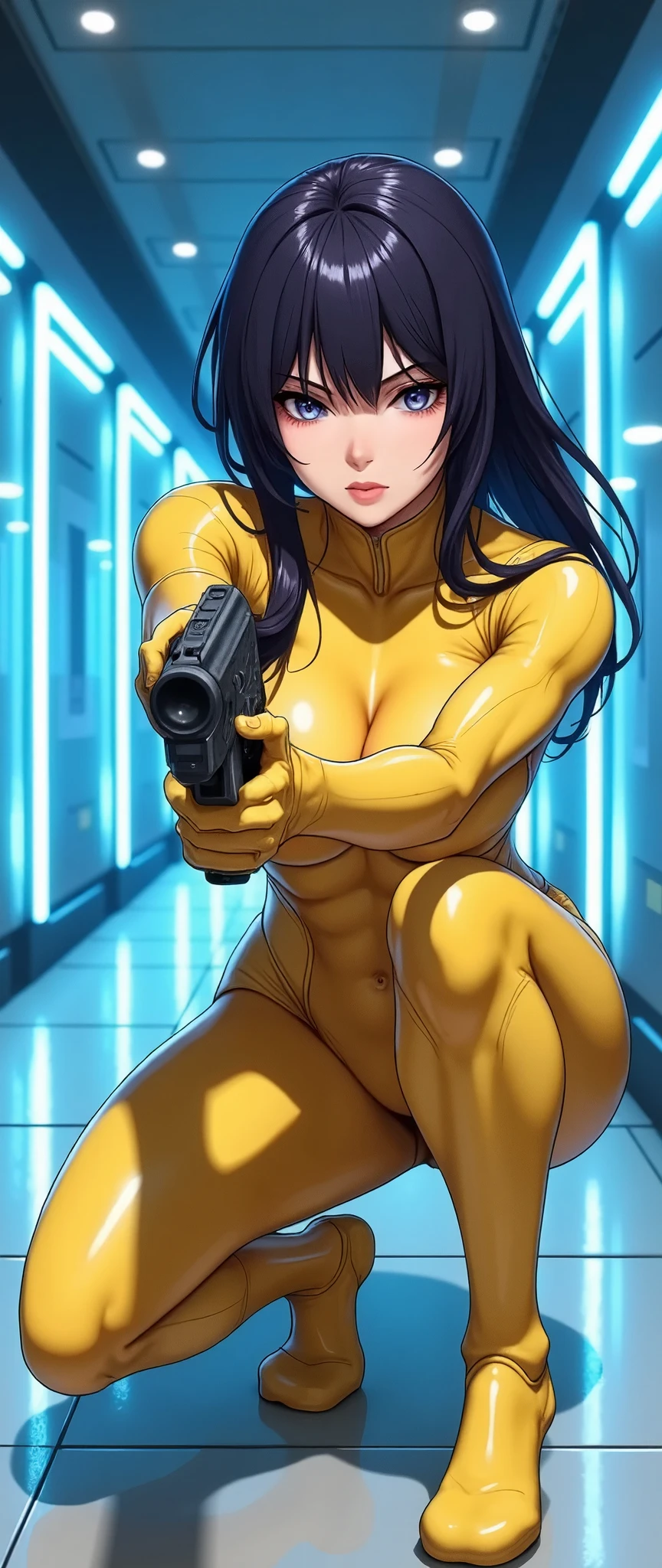 (masterpiece, best illustration,Super detailed),( android woman),(front:2.0),( beautiful face),( beautiful eyes),( is looking over here:2.0),(Serious:2.0),(Hold the gun and aim at the camera:2.0),(Point the gun at the camera:2.0),(squat:2.0),(Raise your right knee:2.0),(The background is a tunnel drawn by stretching blue hologram lines in blue cyber space:2.0),( detailed hands :2.0),(Beautiful female hands:2.0)