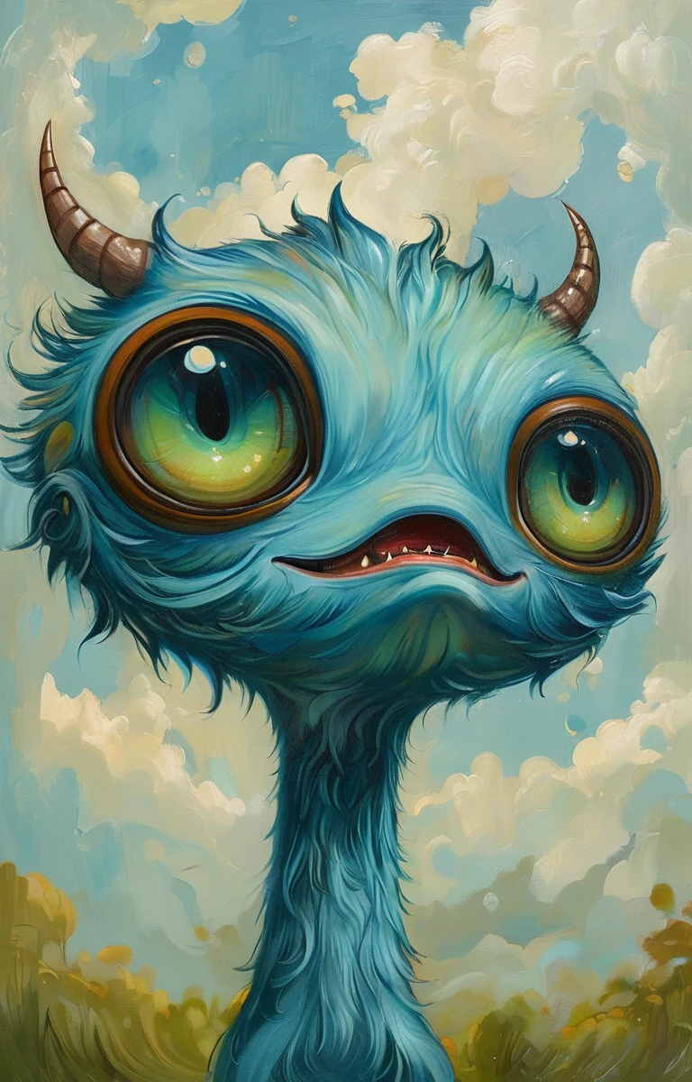  Artwork, better quality , illustration, Jeremy Ketner style , small, fluffy, blue,  round monster ., without a trunk ,  with hairy brown legs and feet , brown eyes,  big brown nose ,  waving his mouth with big teeth sticking out and green saliva flowing