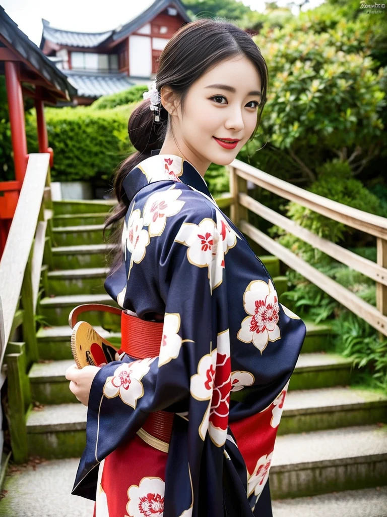 (A super beautiful Korean aunt with a traditional Japanese fan is standing wearing a kimono:1.3)(Grinning:1.1)(Sweaty skin:1.2)(16k,  RAW Photos, Best Quality, masterpiece: 1.2),(艶やかなSweaty skin:1.3) Super detailed,  super resolution, (Genuine, Genuine photos: 1.37), Portraiture,  high-res RAW color photo,  professional photos,  several people having fun with each other while having very detailed , 8k wallpaper,  several people having fun with each other while having very detailed  CG Unity 8k wallpaper,  several people having fun with each other while having very detailed  beautiful girls,  several people having fun with each other while having very detailed  faces, ((whole body)), beautiful woman,  huge breasts,(huge boobs:1.1) ( big boobs :1.1), Beautiful college student (Sexy long-sleeved kimono),Yukata, Korean,(milf), (Beautiful mature)(Beautiful office lady:1.1)(Japanese Shrine Staircase :1.2)(51 years old)gal,Gal,Heavy makeup(Sweaty skin:1.2)(Shiny tied ponytail hair)(from side)Luxury Necklace,Furisode,Yukata,Kimono(NSFW)beautiful legs