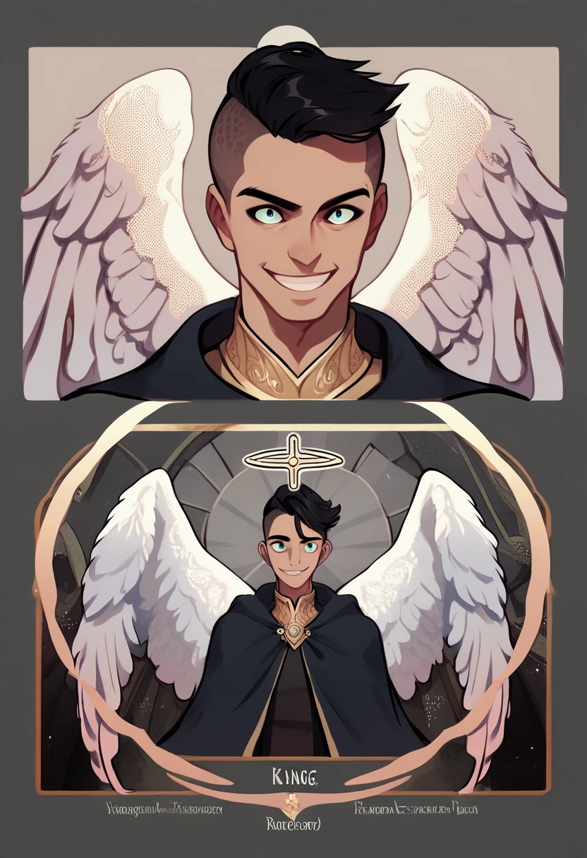 1boy, Angel King, reference sheet, reference, the king's clothes, royal cloak, black hair, buzz cut, smile, wings, angel, smile, ( :1.1), masterpiece, best quality, detailed background, intricate details, detailed,