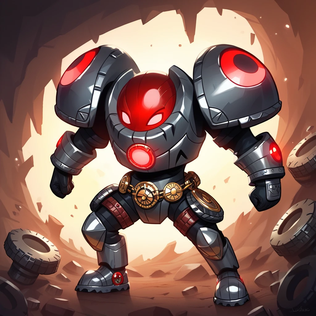 score_9, score_8_up, score_7_up, score_6_up, score_5_up, no humans, rating_safe, geodude gray rocky ball pokemon with arms, covered on gold clock-work armor, gears, red-eyes, rivets, in a metallized cave