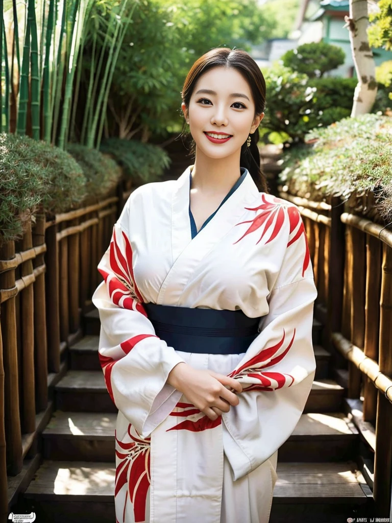 (A super beautiful Korean aunt with a traditional Japanese fan is standing wearing a kimono:1.3)(Grinning:1.1)(Sweaty skin:1.2)(16k,  RAW Photos, Best Quality, masterpiece: 1.2),(艶やかなSweaty skin:1.3) Super detailed,  super resolution, (Genuine, Genuine photos: 1.37), Portraiture,  high-res RAW color photo,  professional photos,  several people having fun with each other while having very detailed , 8k wallpaper,  several people having fun with each other while having very detailed  CG Unity 8k wallpaper,  several people having fun with each other while having very detailed  beautiful girls,  several people having fun with each other while having very detailed  faces, ((whole body)), beautiful woman,  huge breasts,(huge boobs:1.1) ( big boobs :1.1), Beautiful college student (Sexy long-sleeved kimono),Yukata, Korean,(milf), (Beautiful mature)(Beautiful office lady:1.1)(Stairs at a shrine with a beautiful bamboo grove:1.2)(51 years old)gal,Gal,Heavy makeup(Sweaty skin:1.2)(Shiny tied ponytail hair)(from side)Luxury Necklace,Furisode,Yukata,Kimono(NSFW)beautiful legs