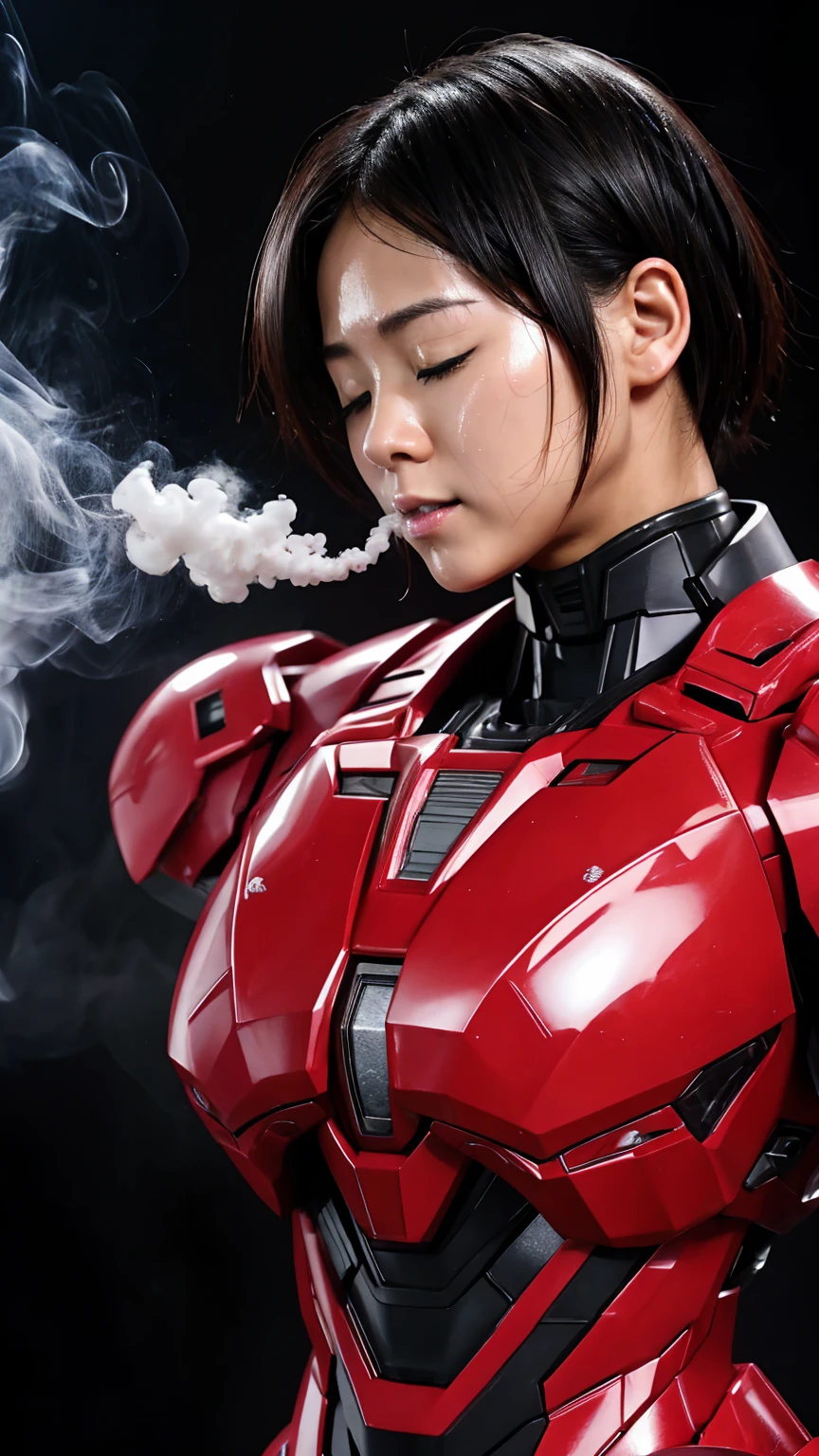 Best Quality　 8k full body red war machine suit girl　Gloss　 Japanese women in their 30s 　Sweaty face　cute　 short hair　 boyish 　Steam coming out of my head　 her hair is wet from sweat 　The feel of black hair　 Full Body Portraits　  　Drooling from the mouth　bare hands　 low angle　 with my eyes closed　I feel smoke coming from my vagina 　Does not expose her neck 　(Sweaty face面だけ)