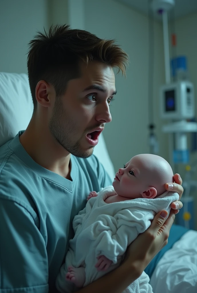 A sexy man with surgical gloves puts his hand over a &#39;s mouth in a hospital bed. The man is under the child