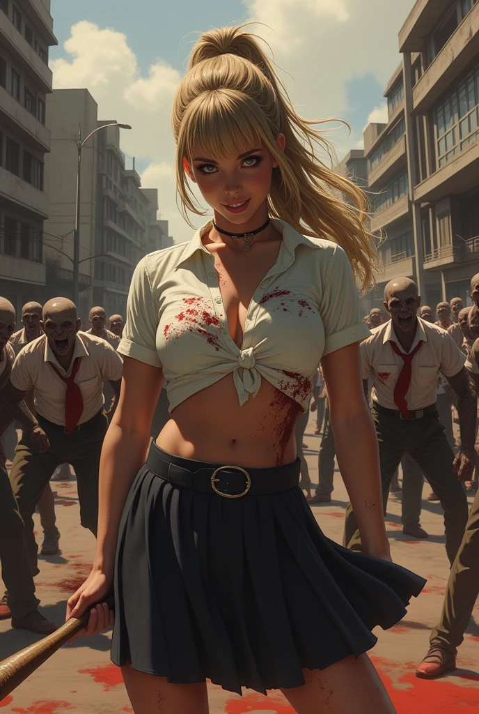 ne0nfant4sy, masterpiece,  a painting of a stunningly beautiful woman wih long blonde hair wearing a tattered school uniform, unbuttoned white shirt, black A-line skirt, blonde hair tied up with bangs, cleavage, fighting fiercely against a horde of zombies wearing different clothes, blood splattered, blood everywhere, with a baseball bat hitting the head of the zombies. She wears tattered clothes. The scene is dark and atmospheric, with a realistic and fierce style. The background is a deserted modern day street, war-tonr, zombie apocalypse,,  american shot  looking at the viewer, seductive smile, inviting smile, 