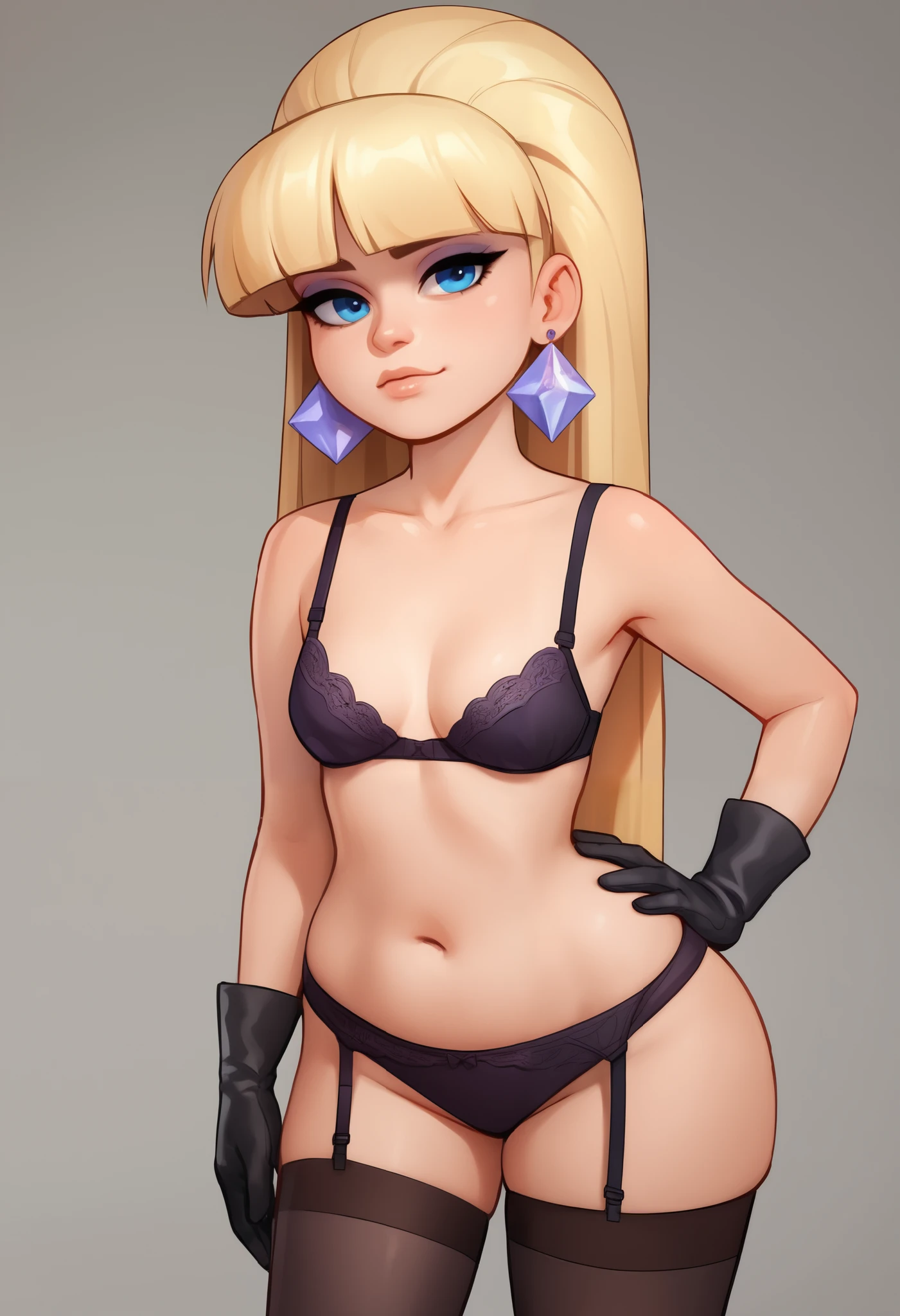 account_9, account_8_ex, account_7_ex, account_6_ex, account_5_ex, account_4_ex,pacifica, 1girl, solo, long blonde hair with bangs, hand on hip, dark blue eyes, purple shadows,round lavender earrings,looking at the viewer, small saggy breasts. huge hips. bbw. Halloween.((( bra))),(((panties))),(((stockings with garters))). (((gloves))). standing straight. bend over. 