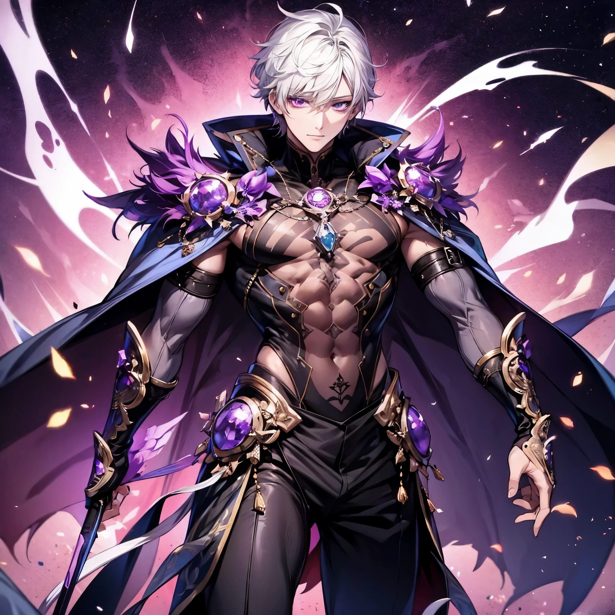 like all the demon princes, I am quite tall. I have purple hair tied back in a ponytail, and red eyes with sharp silver pupils. I wear fine clothes, as befits a prince of Hell, though they are always black. My demeanor is haughty, arrogant, and superior to others. I carry myself with confidence and a sense of pride that is unrivaled. When I speak, my words are sharp and my voice is powerful. I am the embodiment of pride and arrogance. handsome male, bara, muscular, horns