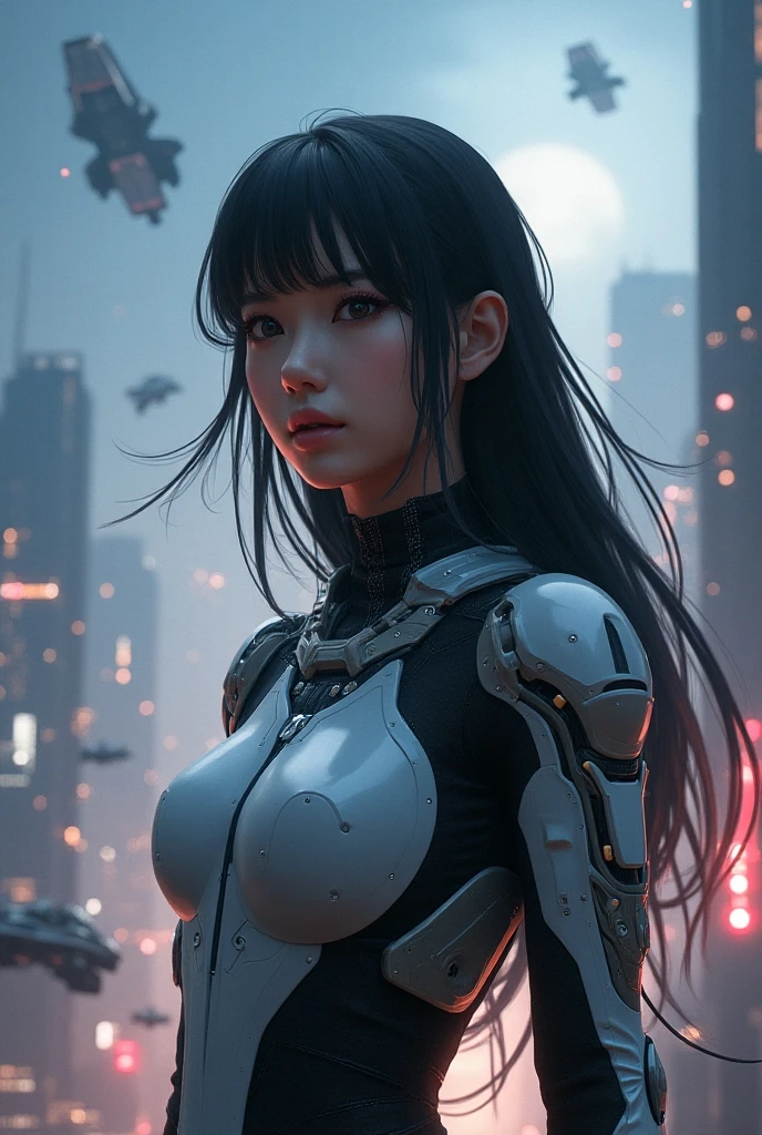 Close up of beautiful woman standing in front of city, Highly detailed official illustrations, lopi girl, Digital Cyberpunk - Art, digital cyberpunk art, Robot mixed with organic matter,