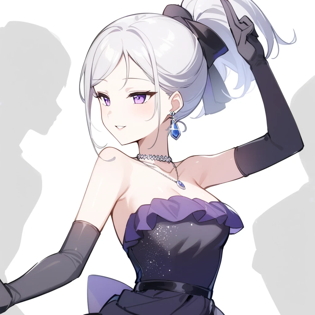 (masterpiece)、(Best Quality)、 Hi-Res、8k、 detailed description、 full light、 shiny skin、((1girl))、the others,1girl,Alone,ponytail,elbow gloves,purple dress,black gloves,black dress,strapless、dress,earrings,necklace,alternate costume,(White background:1.2)、From the upper body、Peace pose、 seductive face 、( half-closed eyes:0.8)、Gray Hair、Purple Eyes、 center on both hands