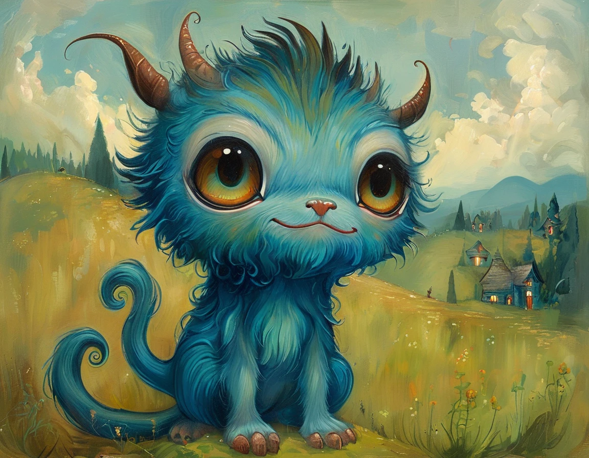  Artwork, better quality , illustration, Jeremy Ketner style , small, fluffy, blue,  round monster ., without a trunk ,  with hairy brown legs and feet , brown eyes,  big brown nose ,  waving his mouth with big teeth sticking out and green saliva flowing