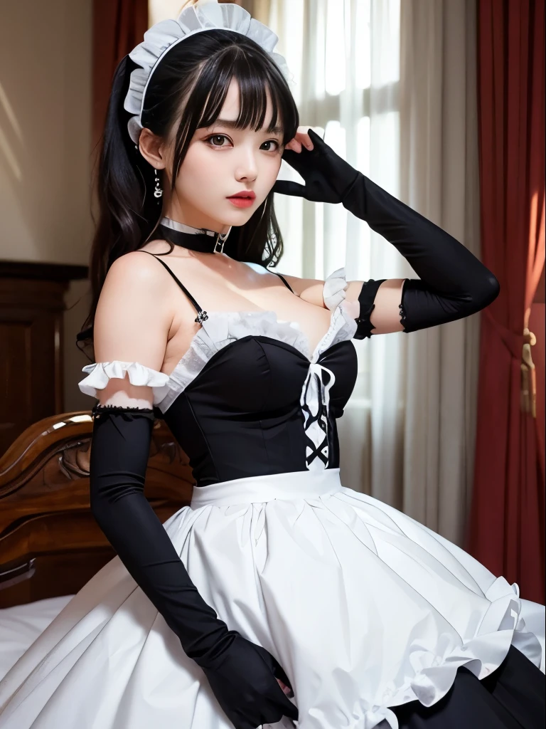 fishnets, apron,skirt,maid headdress,, Best quality,Ultra-detailed,Realistic,A high resolution,Portrait,Beautiful woman, Palatial bed,ornate bed,Flawless makeup,suns rays,Beauty,elicate and refined,Stunning,