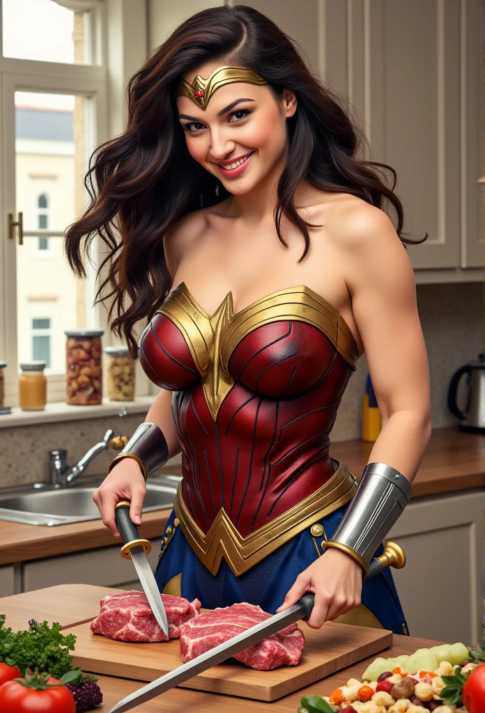 ((masterpiece)) ((photography)) ((Highest quality)) A realistic illustration of Wonder Woman, naked wearing only a kitchen apron, set in a modern kitchen. She stands confidently, holding her sword and cutting meat on a chopping board with precision and focus. Her muscular physique and iconic armor details remain visible despite the apron. The scene captures a humorous contrast between her superhero aura and the domestic task, with kitchen utensils and ingredients around her, and a slightly mischievous smile on her face. The atmosphere is light-hearted, blending action and humor.