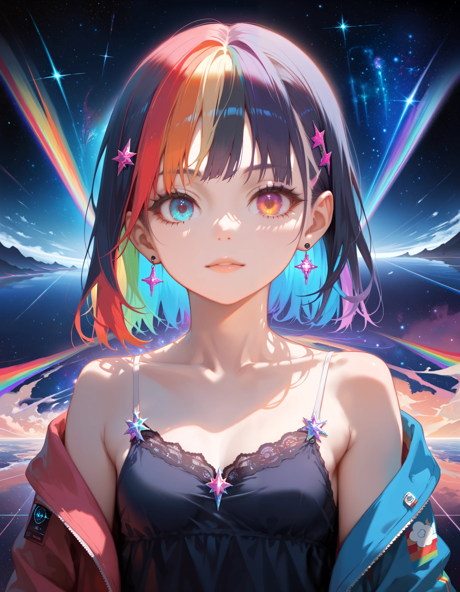 score_9, score_8_up, score_7_up, source_anime, (absurdres, highres), (high quality, best quality), (masterpiece:0.5), rating_questionable, girl, multicolored hair, looking at viewer, heterochromia, camisole, (rainbow colors, abstract background, fractal, nebula, black hole:1.2)