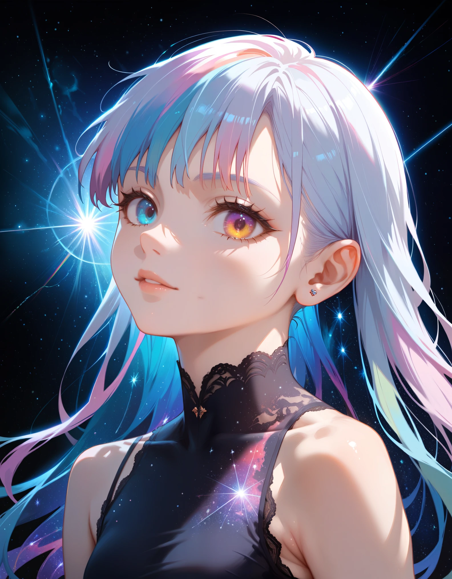 score_9, score_8_up, score_7_up, source_anime, (absurdres, highres), (high quality, best quality), (masterpiece:0.5), rating_questionable, girl, multicolored hair, looking at viewer, heterochromia, camisole, (rainbow colors, abstract background, fractal, nebula, black hole:1.2)