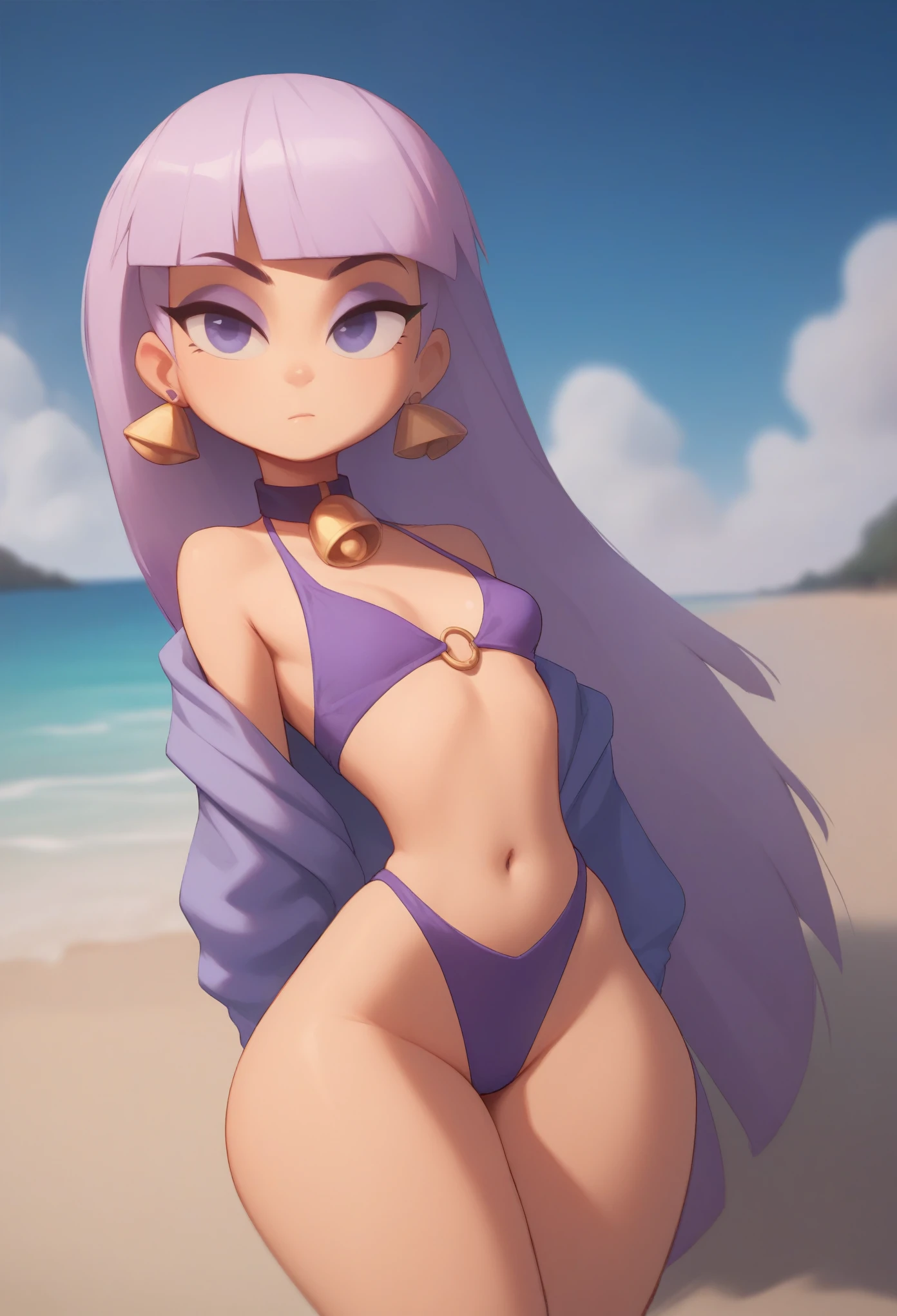 Naked, smoll stature, purple hair, purple eyes, flat tits, beach