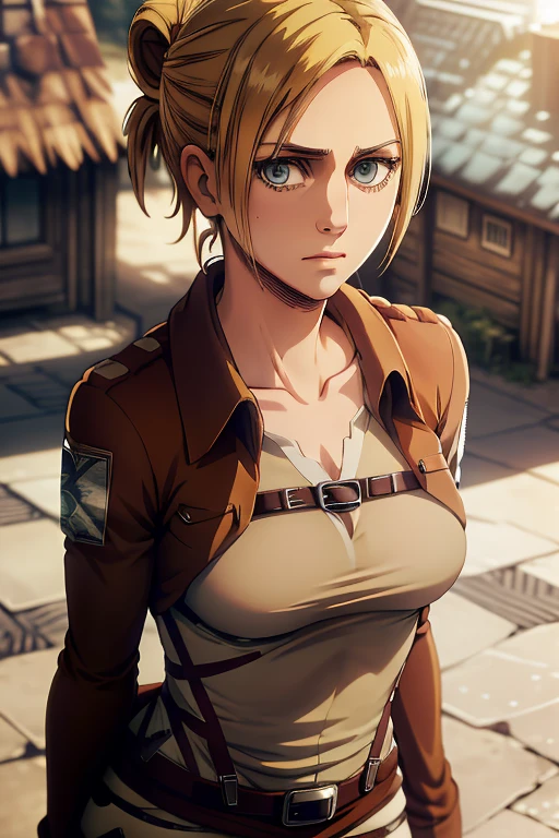 masterpiece,best quality,high resolution,8k,ultra HD,wallpaper,illustration,perfect face,cowboy shot,beautiful detailed eyes,extremely detailed face,perfect lighting,extremely detailed CG,perfect anatomy,perfect body,perfect thick,perfect hands,perfect fingers,1woman,full body,,muscle fighter body,(blonde short single bun hair),light blue eyes,large breasts,Medium ass,,(white school Y-shirt),red skirt,clothed,collarbone,looking at viewer,(),steam,sweat,(Attack on Titan character Annie Leonhart),