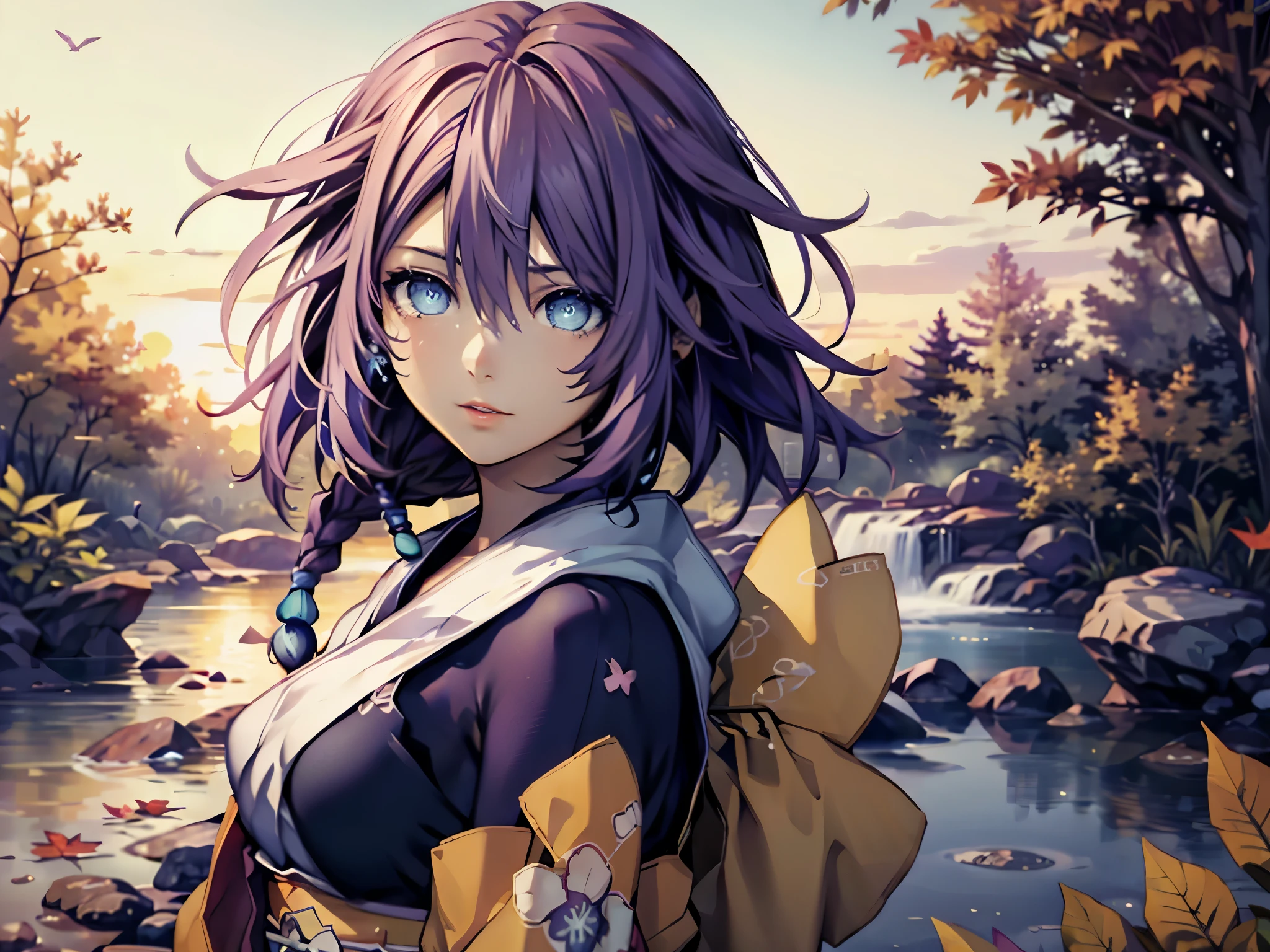 (masterpiece), (best quality), HDR, intricate detail, (lulu_ff10, jewelry, mole, purple lipstick, hair bun, fur trim), (edgJF_clothing, wearing edgJF_kimono, autumn setting, autumn trees and leaves), posing, from behind, looking at viewer, inside shady motel, sunset, evening, bokeh, depth of field, UHD, 8k wallpaper 